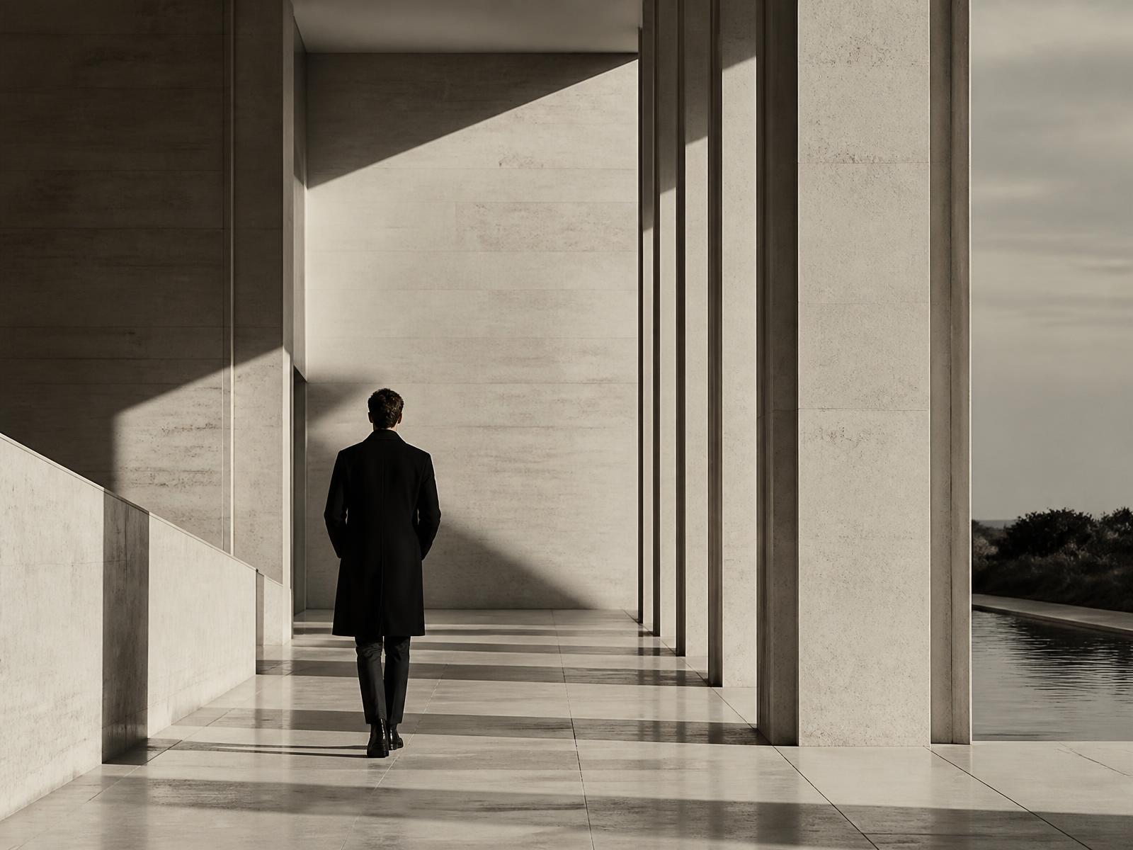 A figure in a monumental colonnade