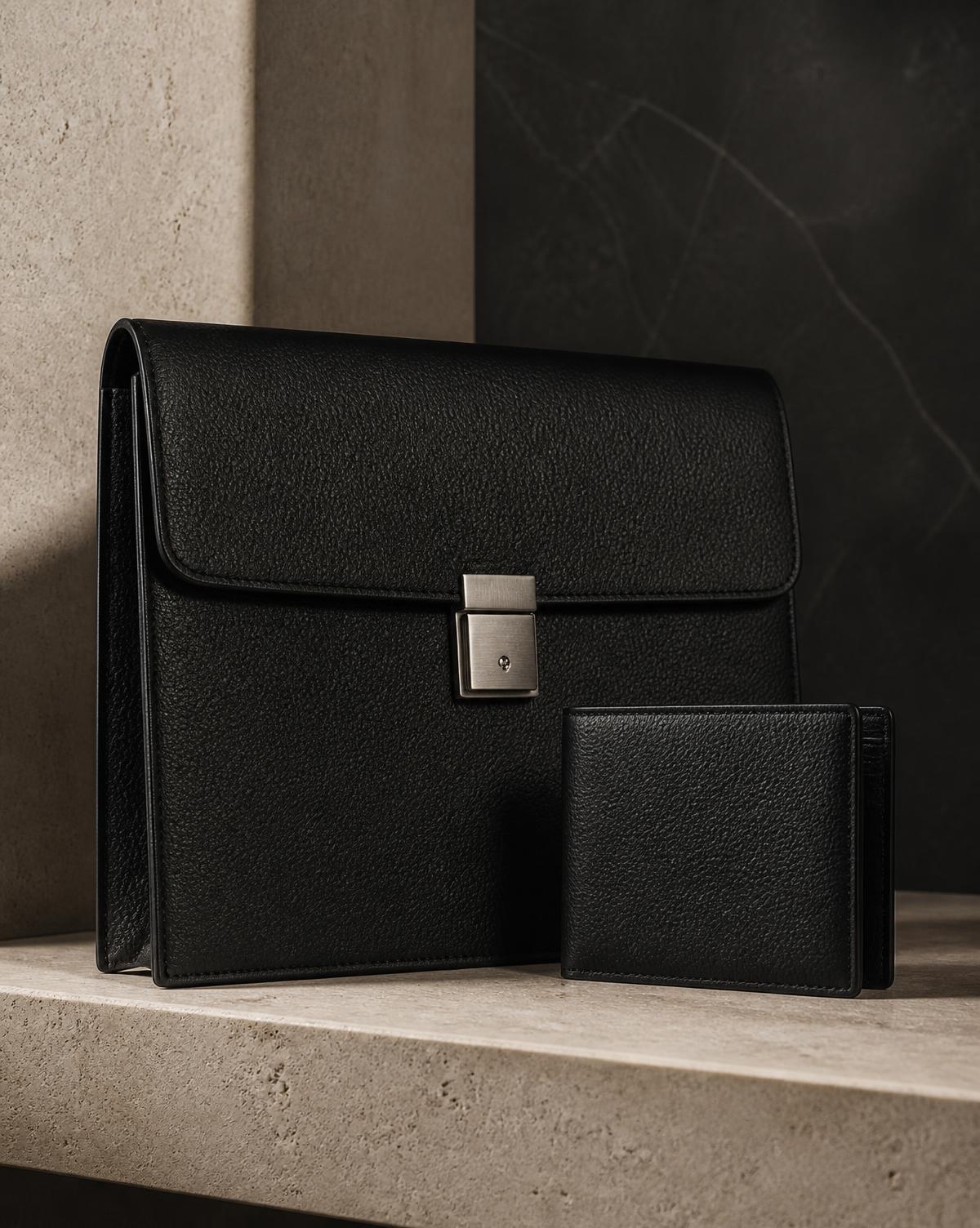 Black leather document case and wallet