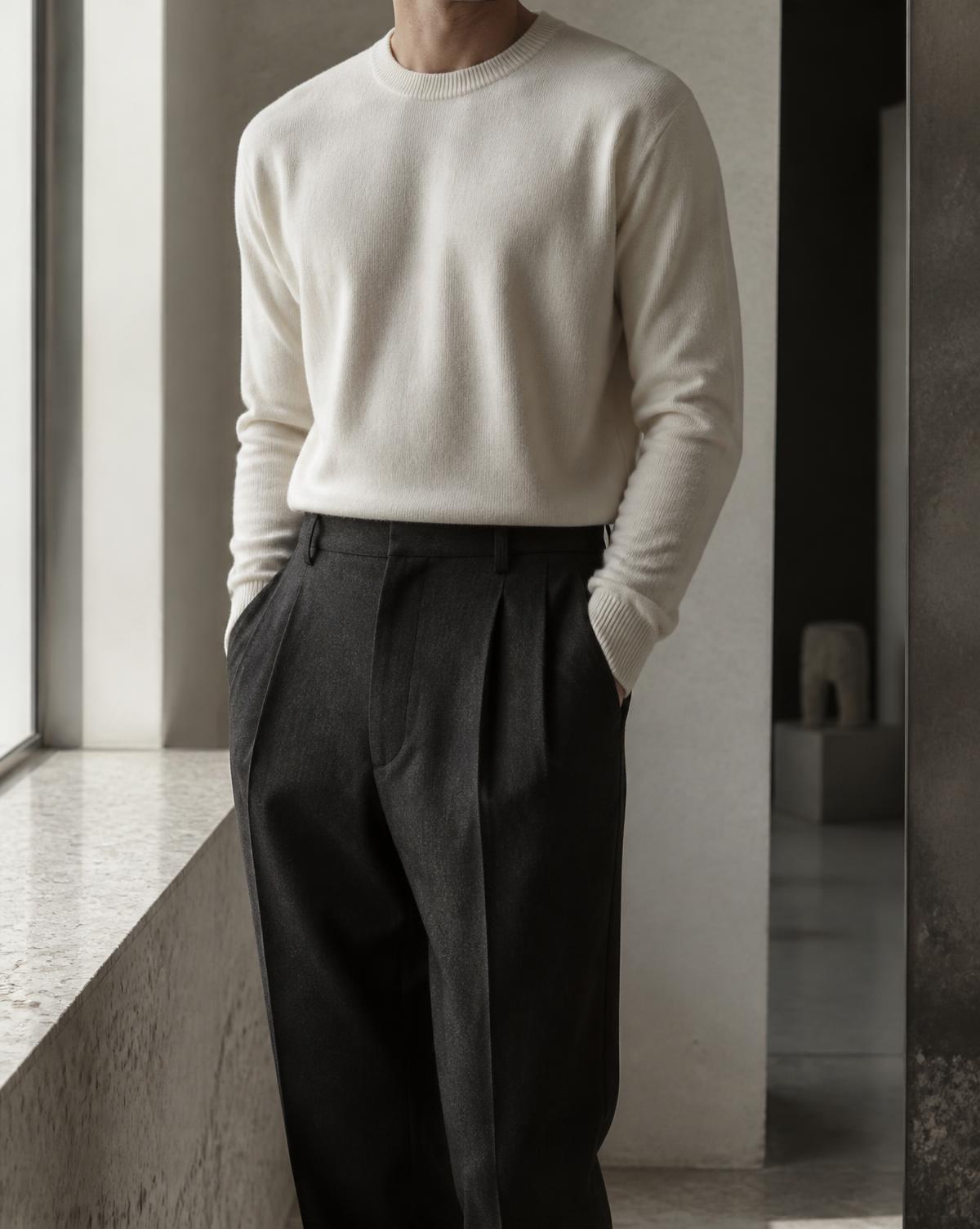 Cicceri ivory knitwear and charcoal tailored trousers